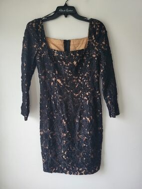 Carmen Marc Valvo Black Lace Over Nude Long Sleeve Sheath Dress